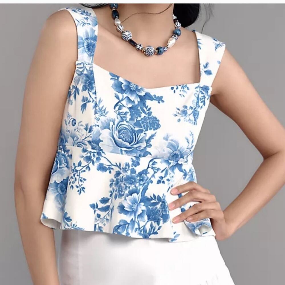 Maeve NWT Peplum Blue Rose Ruffled Square Neck Cropped Top Square Neck Blouse M